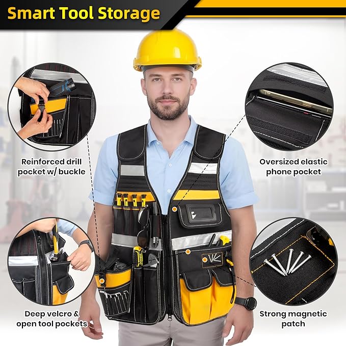 Electrician Tool Vest, Electrician Vest for Men, 21 Compartments, Reflective Workwear with Drill Holster, Adjustable Waist & Upgraded Comfortable Neck Opening