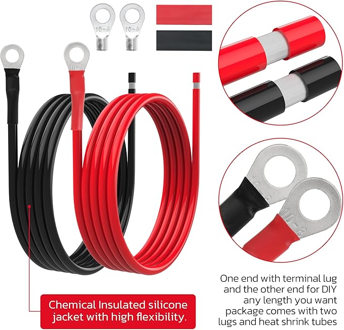 8 AWG Battery Cables 8 Gauge Solar Panel Wire Tinned Copper Extension Cable with 5/16'' Lugs for RV Solar Panel Car Automotive (8AWG 8FT)