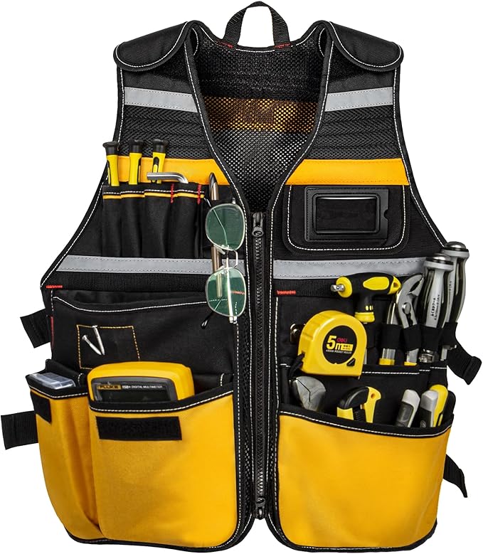 Electrician Tool Vest, Tool Vest for Men, Tool Vest Electrician with Drill Holster, 17 Storage Spaces, 1680D Heavy Duty Adjustable Work Vest with Reflective Strips, Yellow