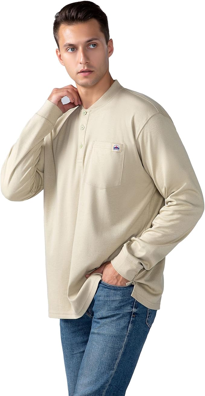 FR Henley Shirts for Men Flame Resistant Lightweight Welding 6.5oz 100% Cotton CAT2 Long Sleeve Fire Retardant FRC Clothing