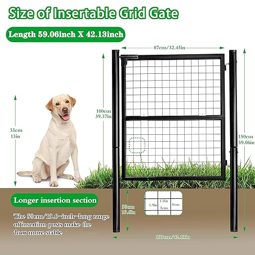 Wire Mesh Fence Gate, 59.06in (W) x 42.13in (H), Heavy-Duty Rustproof Outdoor Gate with Stable Insertion Posts, Ideal for Garden, Yard, Patio, Pet Containment - Easy Installation（Black）