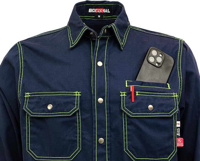 BOCOMAL FR Shirts for Men Snaps Down 7.5oz Water Repellent Fire Resistant Welding Jackets-NFPA2112 CAT2
