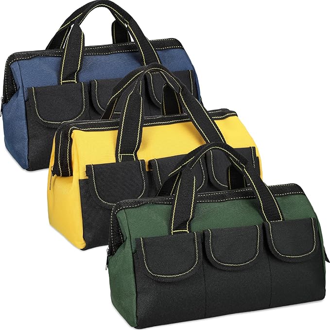 Sanwuta 3 Pack Tool Bag for Men with Waterproof Hard Bottom, Heavy Duty Tool Bag Wide Mouth Tote for Various Instrument, Electrician Carpenter Mechanic(Blue, Green, Yellow,16 Inch,Classic)