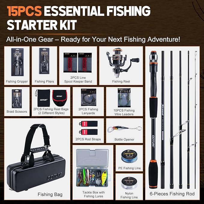 Goture Spinning Fishing Rod & Reel Combo with Carrier Bag,6.6-9FT,Spin Reels, Lures Kit, Pliers, Braided Line, Fish Gripper, Carbon Fiber Freshwater Fishing Rod Full Kit for Starter