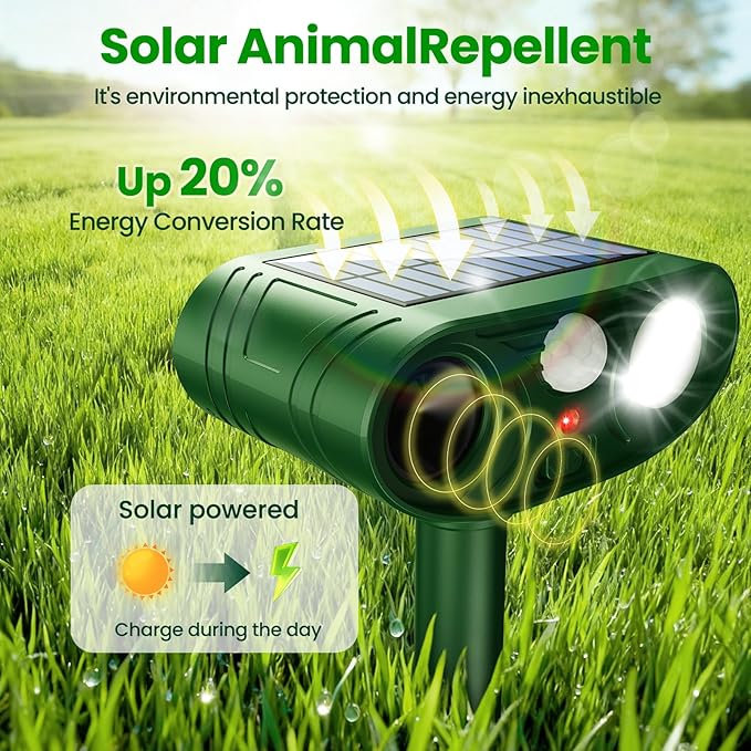 2026 Upgraded Ultrasonic Solar Animal Repellent Outdoor, Deer Repellent Devices Squirrel Cat Raccoon Rabbit Dog Deterrent with Motion Sensor Flash Light for Yard Garden Lawn-4 Pack