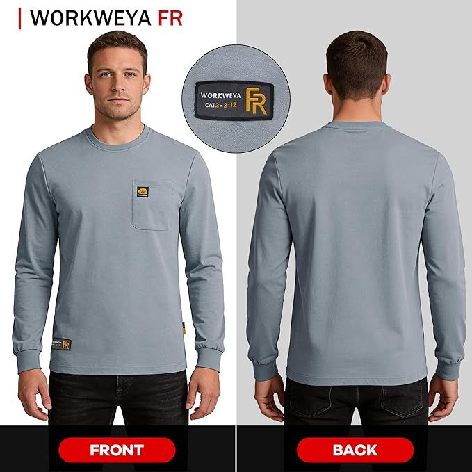 WORKWEYA Men's FR Shirts 6.5oz Lightweight Long Sleeve Flame Resistant T-Shirt NFPA 2112/CAT2