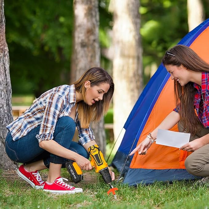 8" Tent Stakes Heavy Duty 12 Pack, Screw in Tent Stakes, Metal Threaded Camping Stakes, Ground Anchors for Canopies, Gardening, Yard Stakes for Inflatables, with Storage Box and Hex Socket
