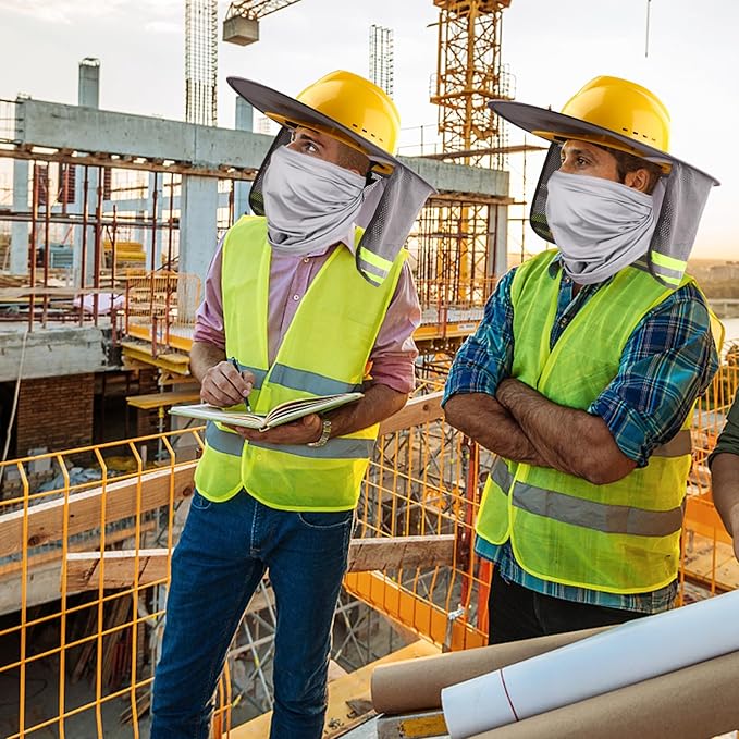 Hard Hat Sun Shade with Full Brim Visor, Shield Your Neck from Sun, Men's Construction Accessories for Hardhat Hats UV Sunshade Helmet Attachment with Reflective Strip, 2 pcs Set