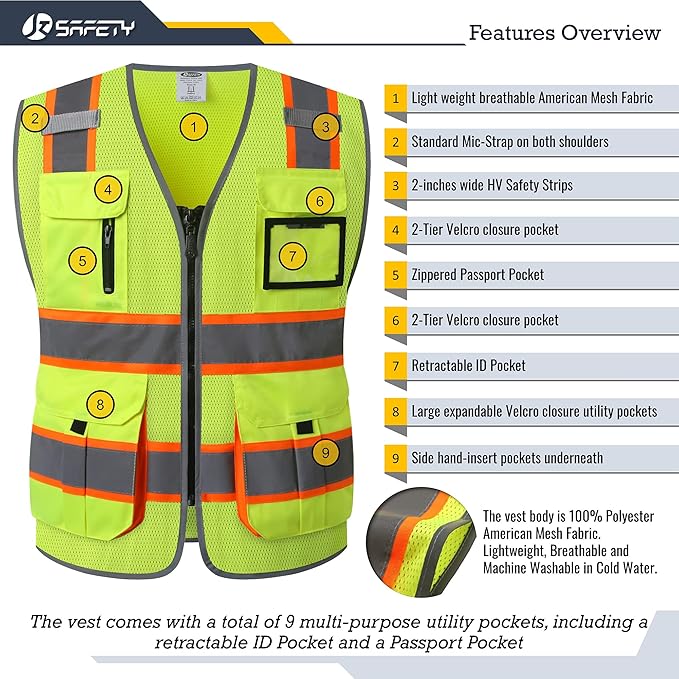 JKSafety 9 Pockets Hi-Vis Mesh Safety Vest for men and women | Chaleco reflectante de seguridad | Zipper Front | Multiple Pockets | Class 2 (140-Yellow XL)