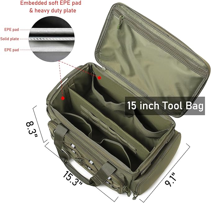 15-Inch Tool Bag Multi-purpose Tool Organizer Bag For Men with Shoulder Strap, Tactical Range Bag Work Tote for Repairman, Carpenters, Handymen (Army Green)