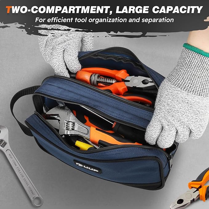 12 10" Small Tool Bag 2 Pack, Zipper Tool Pouch 2 Compartments, Utility ToolBag with Carrying Handle, Toolbox Organization, Screwdriver Storage Tool Box, Mechanic Men Dad Gifts, Orange/Green