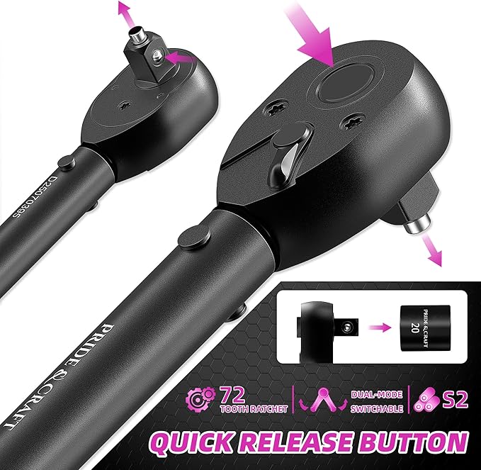 PRIDE&CRAFT 3/8 Inch Drive Click Torque Wrench, 3% High Precision Adjustable Dual Direction, 72-Tooth, 5-50 lbf.ft/6.8-68 Nm Torque Wrench for Bike, Motorcycle and Car Repair, Pink Black