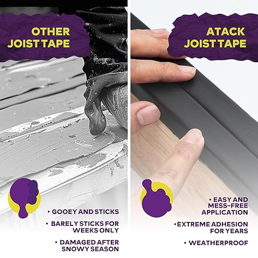 ATack Joist Tape for Decking 2 Inch x 50ft Waterproof, Non-Shrinking Deck Joist Tape 2 Inch - High Tack Butyl Flashing Sealant for Year-Round Protection on Wood, Metal, Composite, Roof Beams
