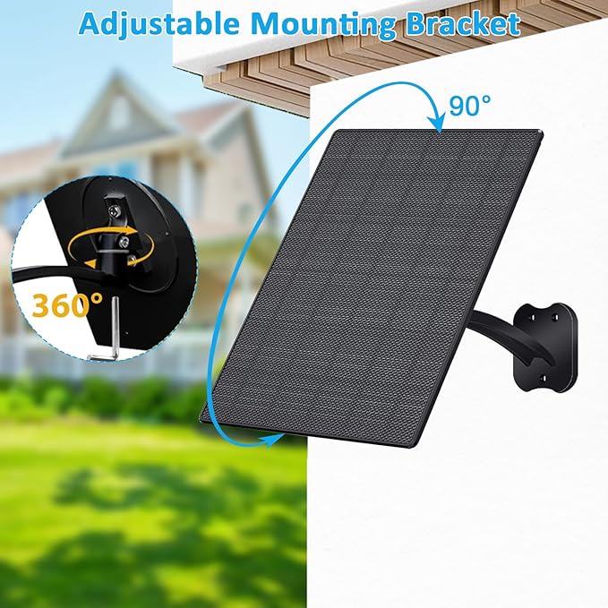 FUTUREZEN Solar Panel for Security Camera, 10W Solar Charger with DC 5.5x2.1mm, USB-C & Micro USB Port, IP66 Waterproof, 360° Adjustable Mount, 7.2FT Cable, Black