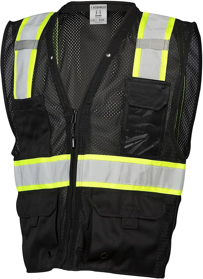 Kishigo Black Enhanced Visibility Men's Vest B100, Multi Pocket Mesh Hi-Vis Vest, Ultra-Cool Polyester, 6 Pockets, Zipper