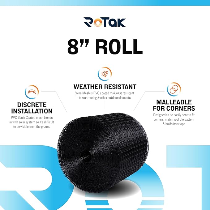 ROTAK Critter Guard - 8in x 100ft Solar Panel Bird Guard - Galvanized Black PVC Coated ½ inch Wire Roll Mesh (8" x 100')