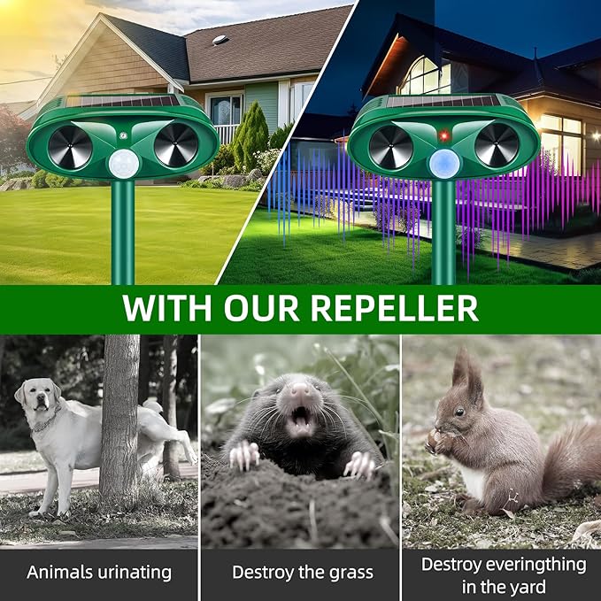 2026 Upgraded Solar Ultrasonic Animal Repellent Outdoor Deer Repellent Devices Motion Detection for Raccoon Squirrel Rabbit Dog Cat Deterrent Keep Chipmunk Rodent Away from Yard Lawn,4Pack
