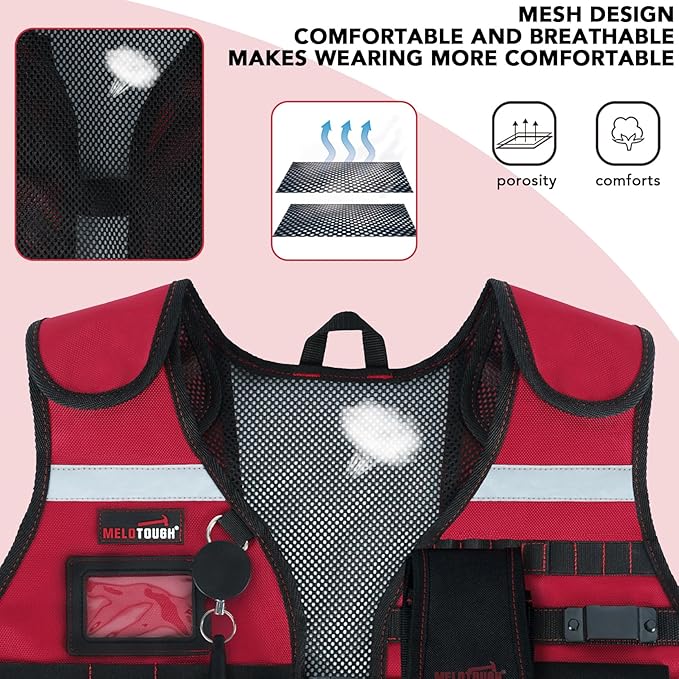 MELOTOUGH Tool Vest Safety Work Vest with Adjustable Straps,Removable Phone Holder for Electrician,Construction,Carpenters