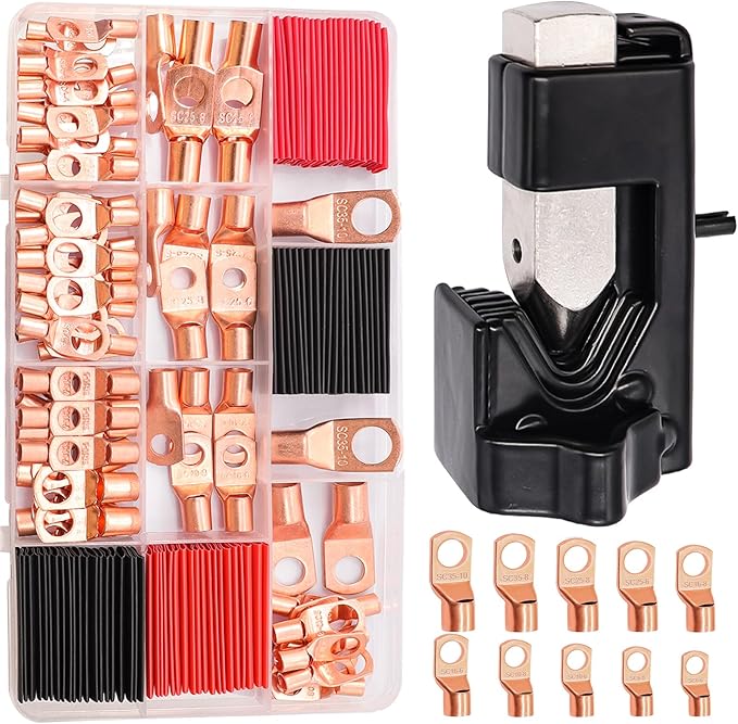 Taiss 160PCS Battery Cable Ends with Hammer Lug Crimper Tool,AWG 2/4/6/8/10/12 Gauge copper lugs assortment,Copper Wire Lugs,Copper Ring Terminals Connectors with Heat Shrink