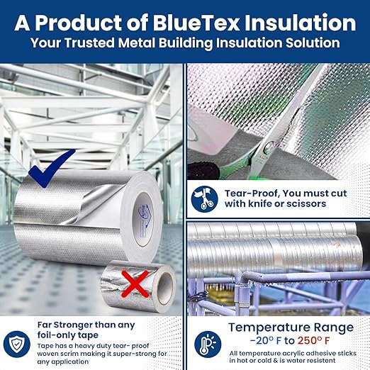 BlueTex Insulationㅤ HVAC Aluminum Foil Tape 6 inch x 150 ft (6 mil), Professional Grade Silver Duct Tape Metallic, Tear-Proof Woven HVAC Tape Heavy Duty for Ductwork, Dryer Vent & Insulation - 8 Rolls