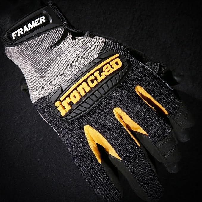 Ironclad Framer; Carpenter Work Gloves, Open Finger Dexterity, Performance Fit, Durable, Machine Washable, (1 Pair), FUG-06-XXL,Grey/Black