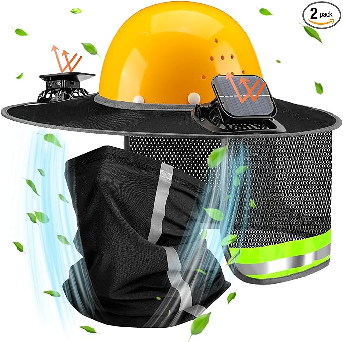 1 Set Sun Hard Hat Shade Full Brim Hard Hat Sun Visor with Solar Fans and Neck Sunshade Cover High Visibility Full Brim Mesh with Reflective Strip, Summer Protection Accessories(Black)