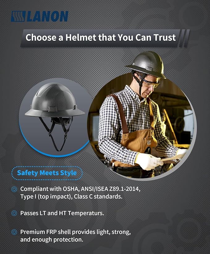 LANON Full Brim Hard Hat, OSHA Construction Work Approved, Premium Charcoal Gray Design, FRP Safety Helmet with 4 Point Adjustable Ratchet Suspension, Class C