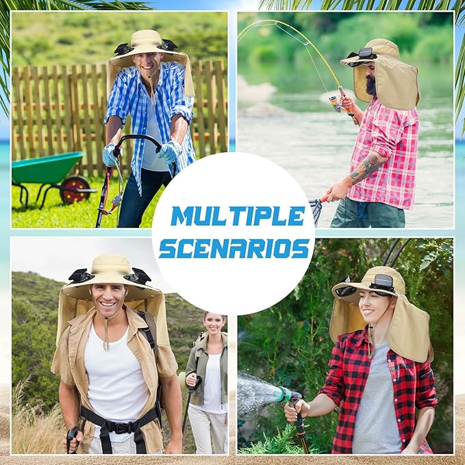 Chuarry Wide Brim Sun Hat with 2 Fan Outdoor Solar Powered USB Charging Fishing Hat with Neck Flap for Men Women
