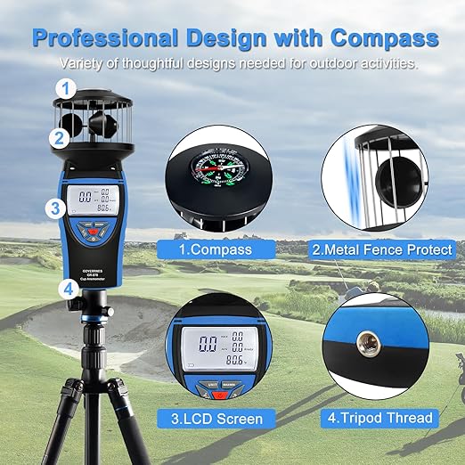 Handheld Cup Anemometer with Compass, 93MPH Digital Wind Speed Meter, CFM Air Flow Wind Velocity Measuring Device Gauges for Outdoor Sailing Surfing Drone Flying HVAC