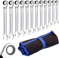 Qnkaa Ratchet Spanner Set Combination Wrench 12 Piece Metric Sizes from 8mm to 19mm with Roll Bag, Perfect for Home, Bike, Car Repairs