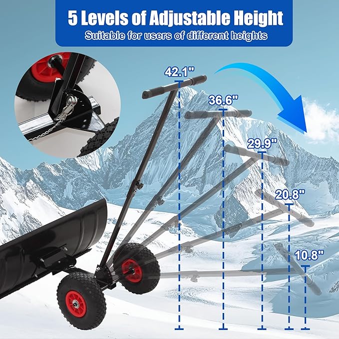 Snow Shovel with 2-Wheel,29in Heavy Duty Snow Plow Hand Pusher for Snow Removal,5 Adjustable Blade Angle & Height Ergonomic Handle,Efficient Clean Tool for Driveway Sidewalk and Pavement