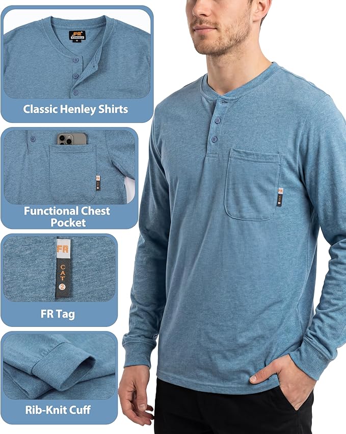 KONRECO FR Shirts for Summer Flame Resistant Shirt 5.5oz Light Weight CAT2 Henley Shirts