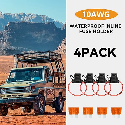 MulWark 4 Pack 10 Gauge Tinned Copper Marine Wire Waterproof IP67 Inline Fuse Holder Pigtail Blade Fuse Block Relay with 40AMP Automotive Fuses Set for Car Truck ATV Boat Motorbikes