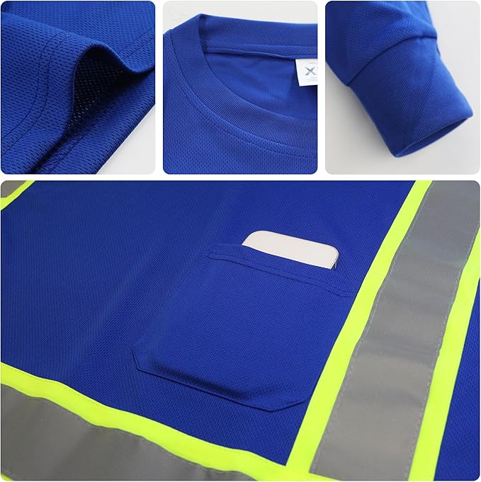 W&H Hi Vis Safety Long Sleeve Shirts Reflective High Visibility Birdeyes Class 3 Shirts,Construction Work
