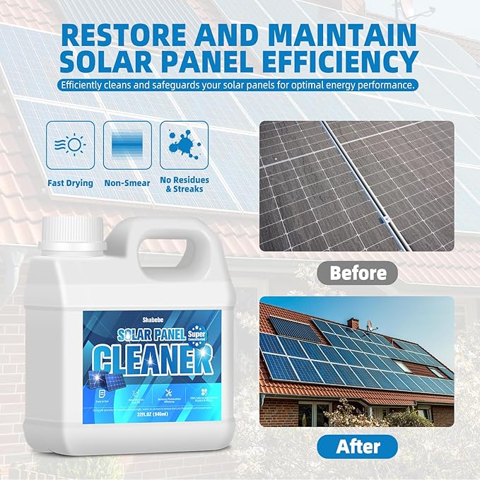 Solar Panel Cleaner 32oz (Makes 150 Gallons) - 20X Strength Super Concentrated Glass & Solar Panel Cleaning, Industrial Grade Streak-Free Fast Dry Remove Oils, Water Spots, Dust, Droppings