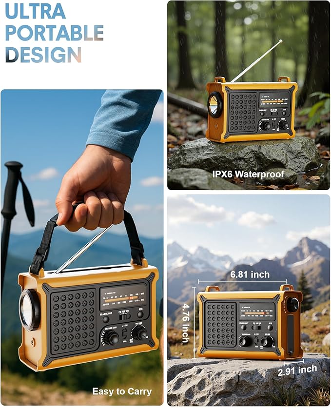 Hand Crank Emergency Radio Solar with 12000mAh Power Bank, NOAA/AM/FM/Weather Alert, 5W LED Flashlight & Reading Lamp for Hurricanes, Blizzards, Power Outage, Survival Gear