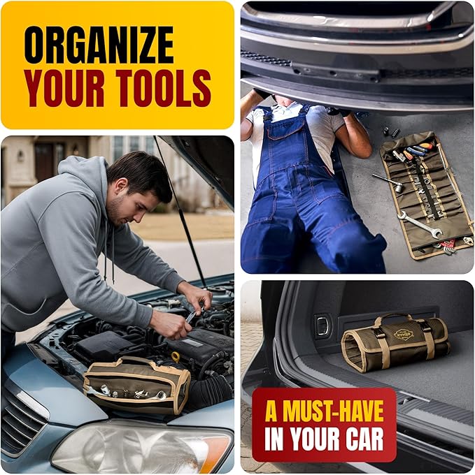 The Ryker Bag Wrench Roll Up Heavy-Duty Canvas Tool Organizer, Tool Roll Organizer Gifts for Dad Roll-Up Tool Bag w/Multiple Pockets for Wrenches, Sockets & Hand Tools for Mechanics & Electricians