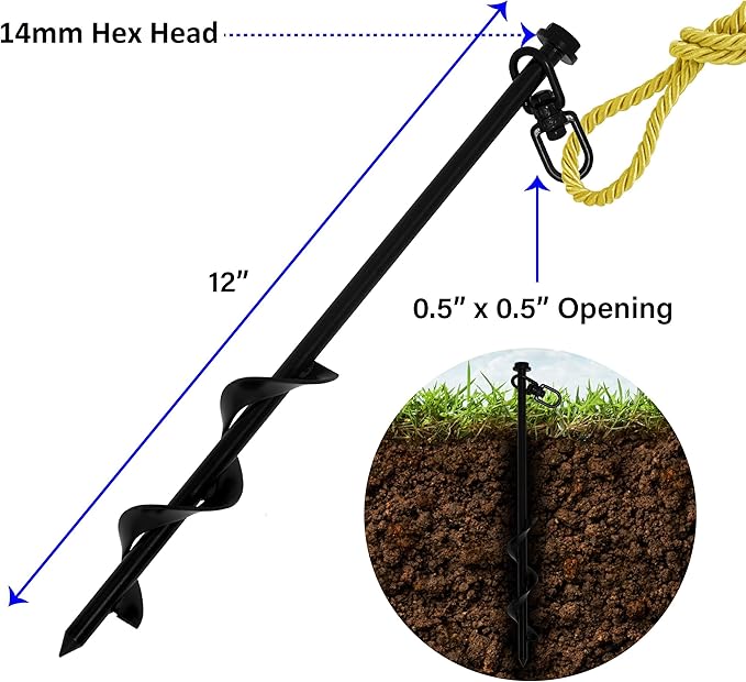 VASGOR 12” Ground Anchors (4pcs) Easy to Use with Drill, 10mm Diameter, Heavy Duty Anchor Hook for Camping Tent, Canopies, Car Ports, Sheds, Swing Sets, Securing Animals – Black Powder Coated