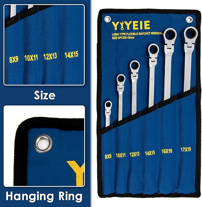 6 Pcs Extra Long Flex Head Ratcheting Wrench Set, Metric Long Wrench 8mm - 19mm, 72-Tooth Double Box End Wrenches, Chrome Vanadium Steel with Mirror Polish Finish, Rolling Pouch