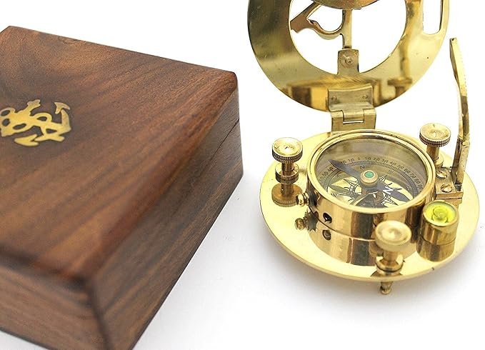 THOR INSTRUMENTS Solid Brass Sundial and Compass in Hardwood Box - Polished Brass Sundial Compass Rustic Vintage Home Decor Gifts