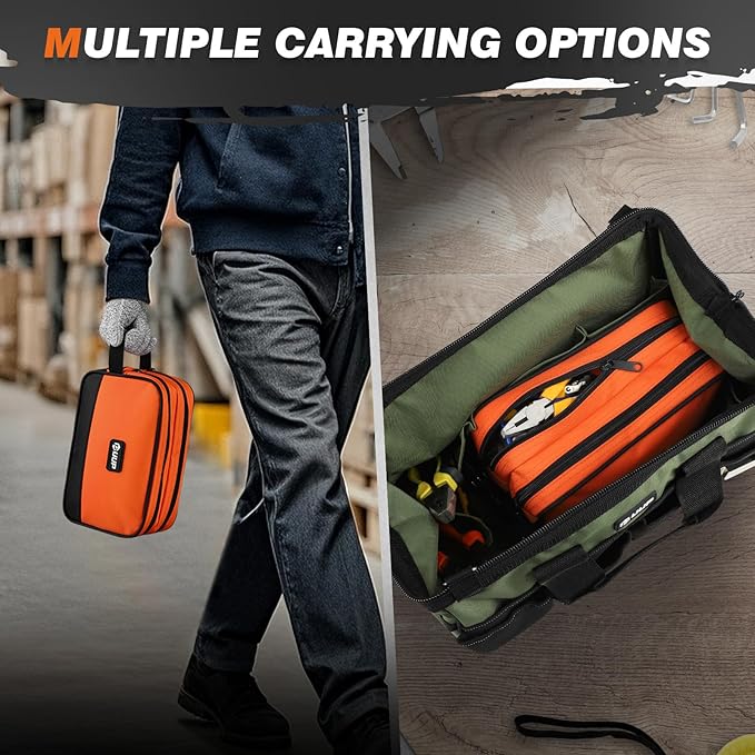 10 Inch Small Tool Bag, Zipper Tool Pouch Two Compartments Heavy Duty, Utility ToolBag with Carrying Handle, Tools Storage Organizer for Electrician Mechanic, Gift for Men Dad,Orange