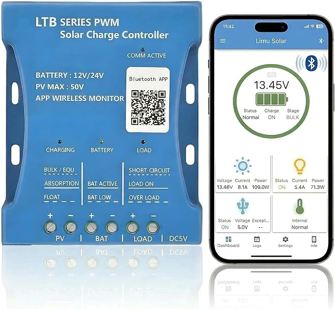 10A Bluetooth Solar Charger Controller 12V/24V Intelligent Regulator Solar Panel Battery Charging Statistics Pwm with USB Port 12V24V Lead-Acid/Lithium Battery