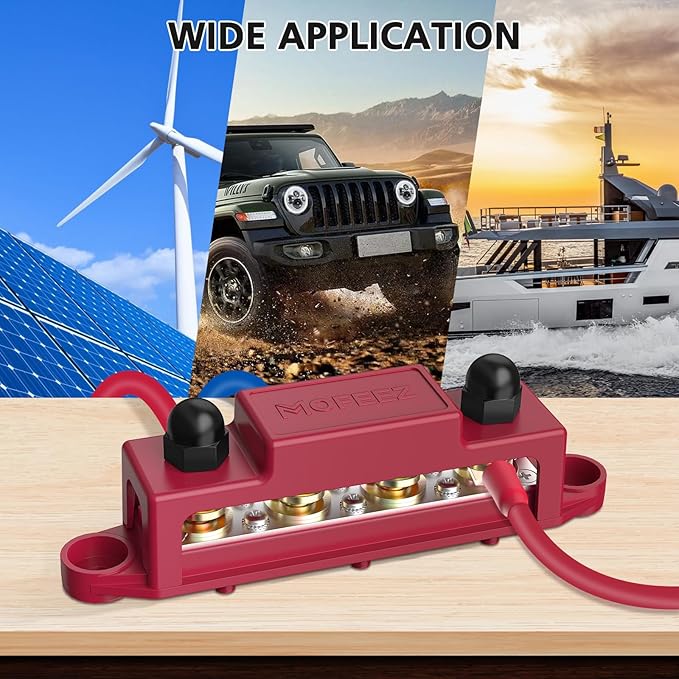 MOFEEZ Power Distribution Block Bus Bar, 4 x 5/16" Post Marine Bus Bar Battery Busbar Terminal Block with Cover, Lugs, Ring Terminals (Pair, Red & Black)