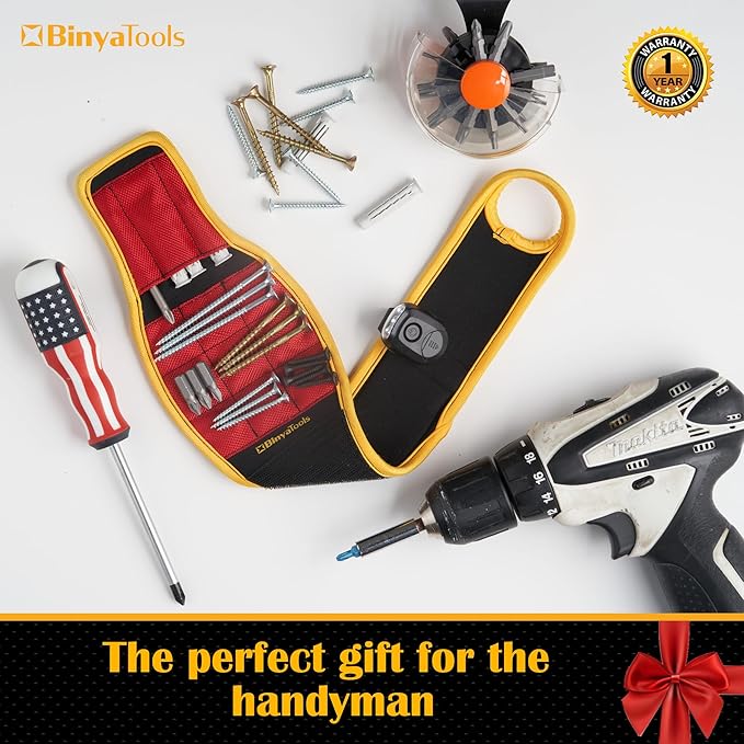 BINYATOOLS Magnetic Wristband for Tools Gift for Him Magnet Screw Holder Wrist Support Keeps Screws Nails Drill Bits Handy Unique Tool Gadgets for Men's & Dad (RED)