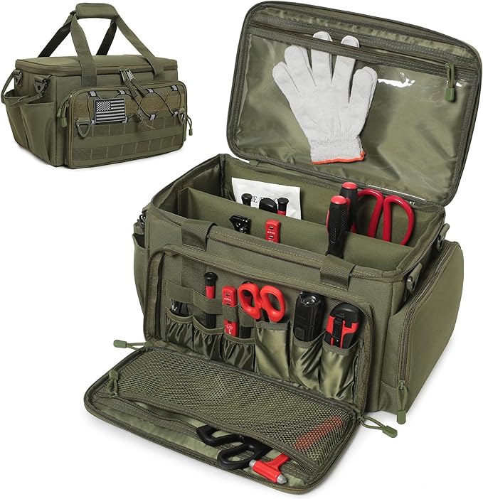 15-Inch Tool Bag Multi-purpose Tool Organizer Bag For Men with Shoulder Strap, Tactical Range Bag Work Tote for Repairman, Carpenters, Handymen (Army Green)