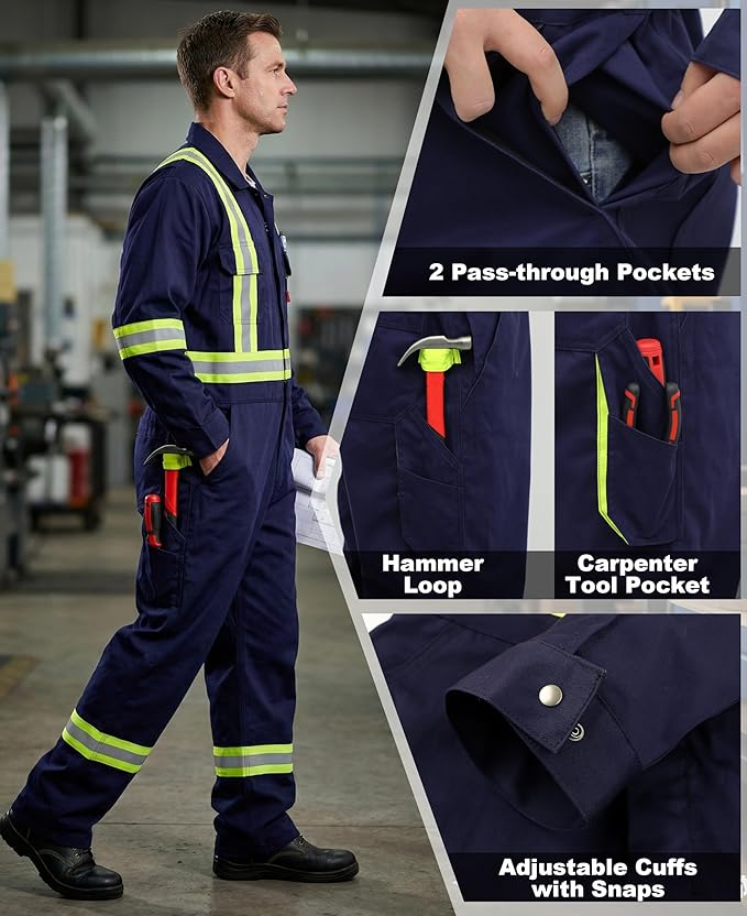 BOCOMAL FR Coveralls Men High Visibility 7.5oz Cotton Twill Flame Resistant Fire Retardant Work Coverall NFPA2112 HRC2