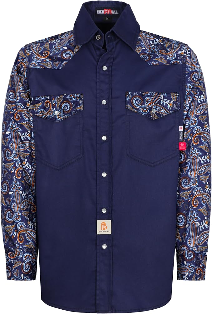 BOCOMAL FR Shirts Pearl Snaps Two Tone Plaid/Solid Flame Resistant Cotton Welding Shirt NFPA 2112 CAT 2