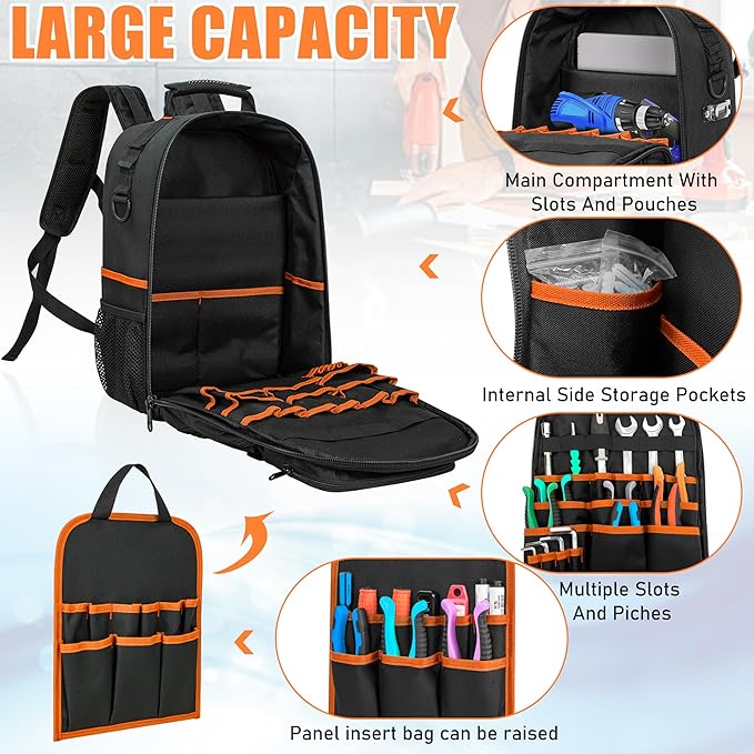 Tool Backpack, Heavy Duty Tool Bag with Padded Shoulder and Removable Tool Organizer, Water-Resistant Work Backpack, for Electrician, Plumber, HVAC, Cable Repairman, Black & Orange