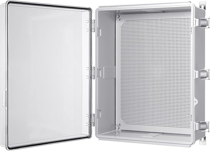 Junction Box, IP67 Waterproof Plastic Enclosure for Electrical Project, Hinged Grey Cover, Includes Mounting Plate and Wall Bracket (Transparent Cover, 20"×16.1"×7.9")