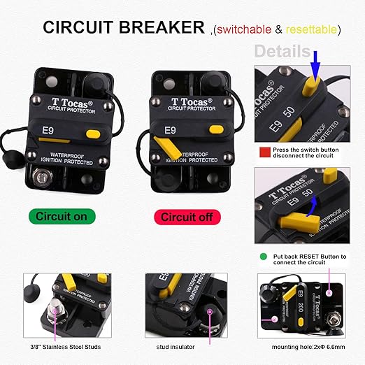 E9 3/8" Studs 300 Amp Circuit Breaker with Manual Reset Surface Mount Waterproof IP67 12V - 48V DC | 300A Switchable
